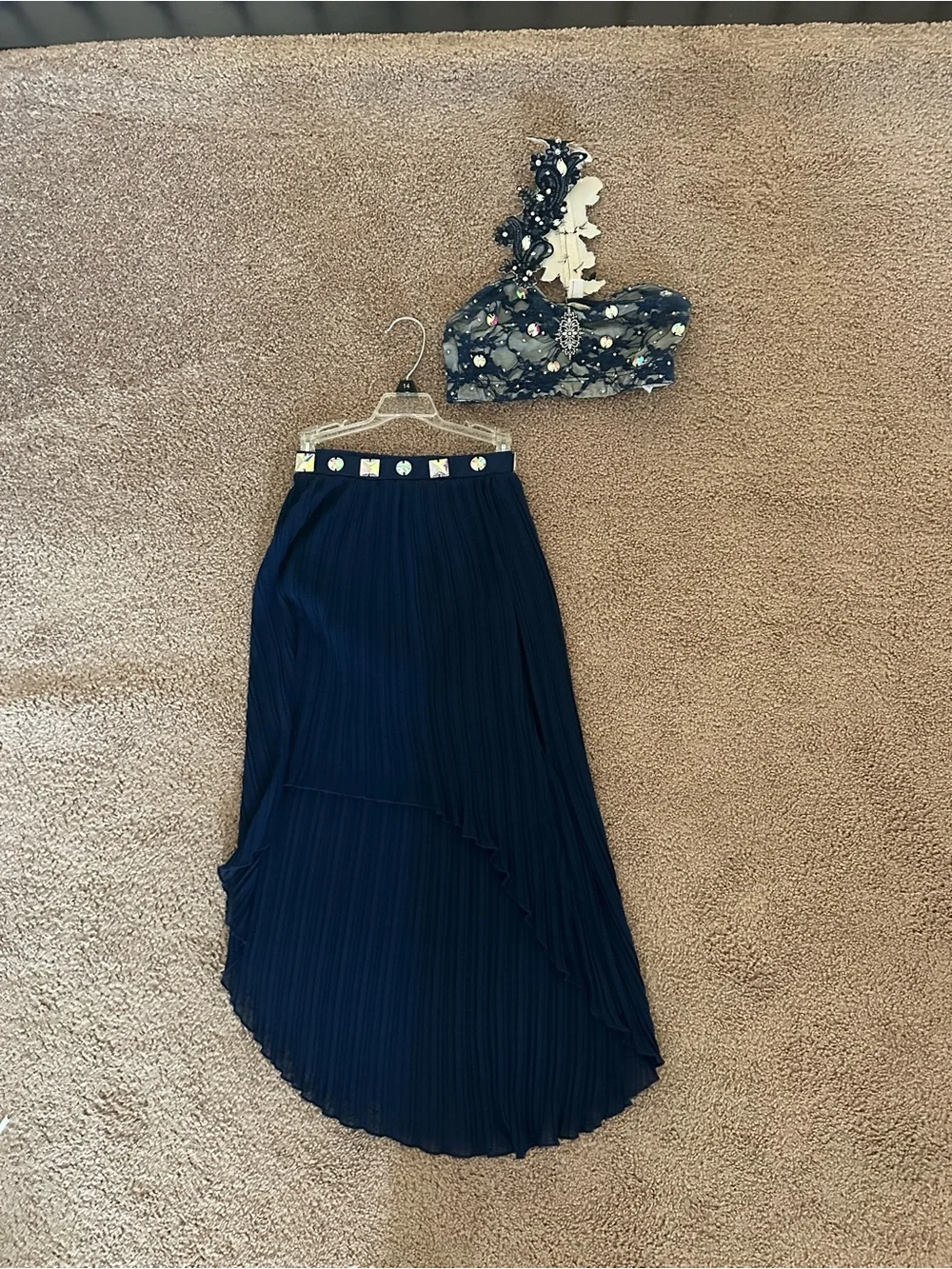 Navy Pleated High-Low Skirt with Decorative Waistband